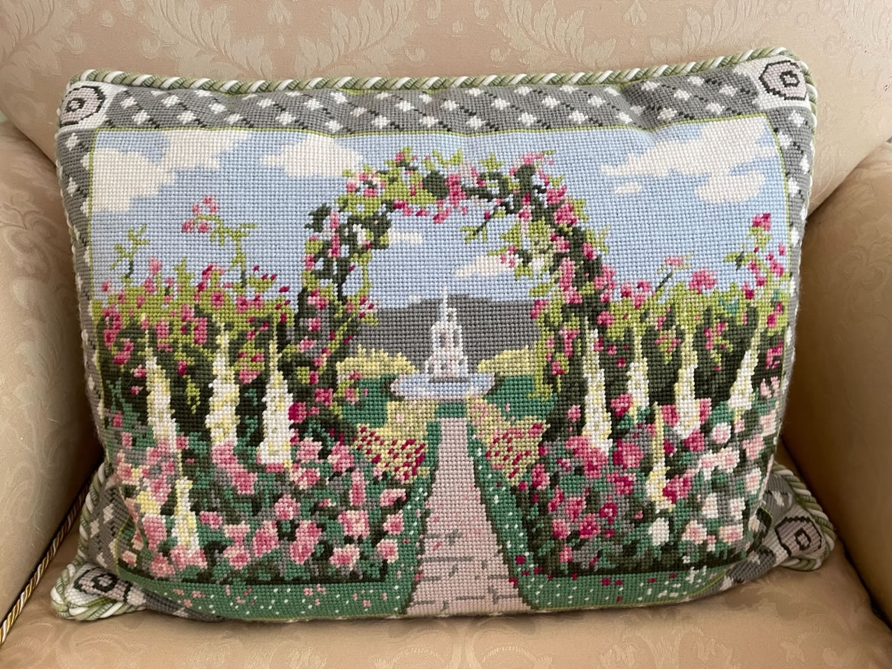 needlepoint cushion roses and hollyhocks